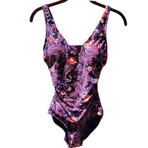 Lands' End Swim Suit XS NWOT Navy/Pink/Purple Floral Print Removable Molded Cups